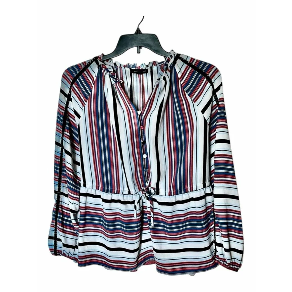 Lane Bryant Two-Way Stripe Ruffle Split-Neck Button-Front Peplum Top Size 14/16